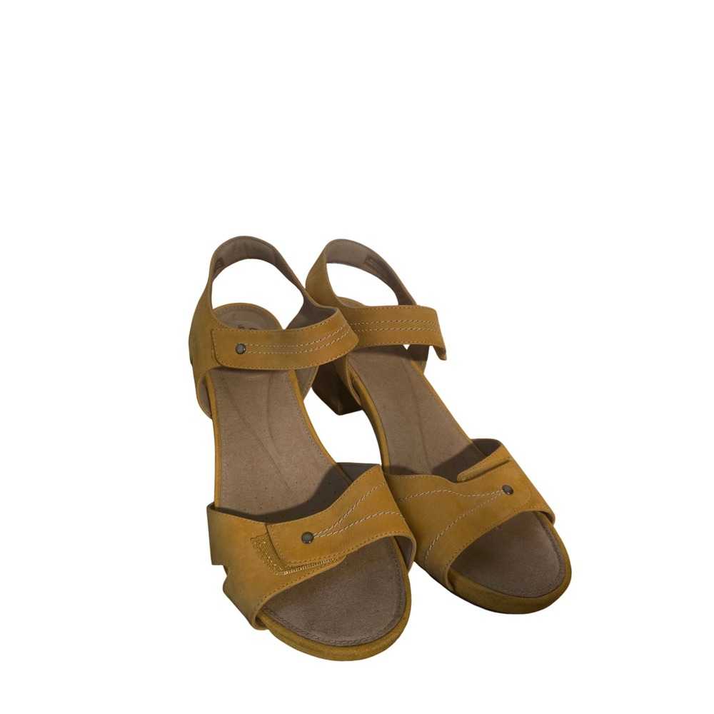 Clarks Unstructured Yellow Nubuck Leather Block Heel Sandals Strappy Womens 8.5